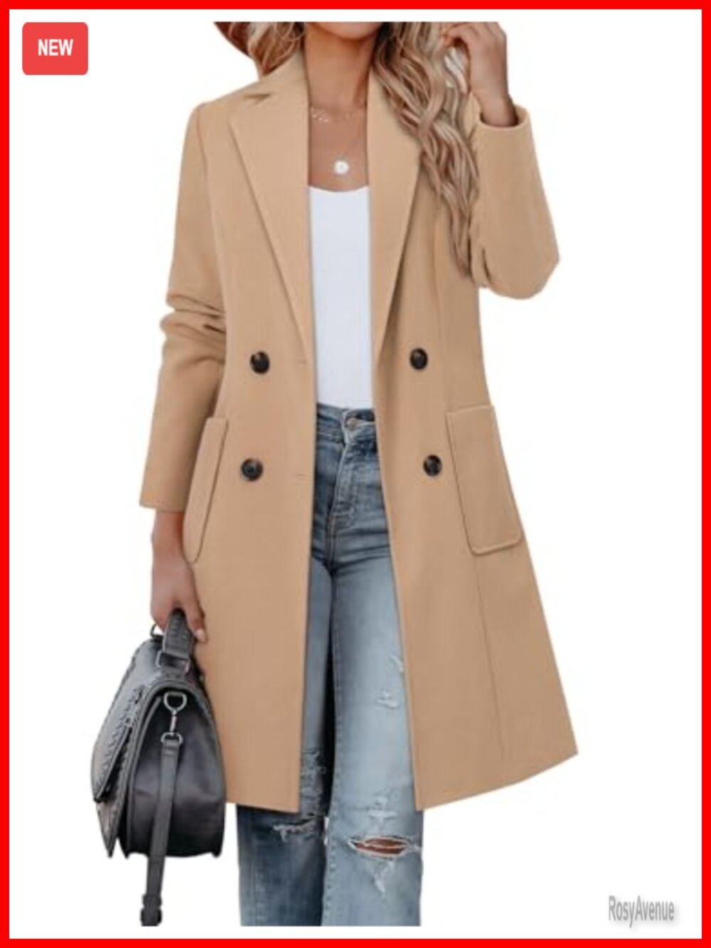 Wool Blend Pea Coat Notch Lapel Double Breasted Mid Long Winter Overcoat